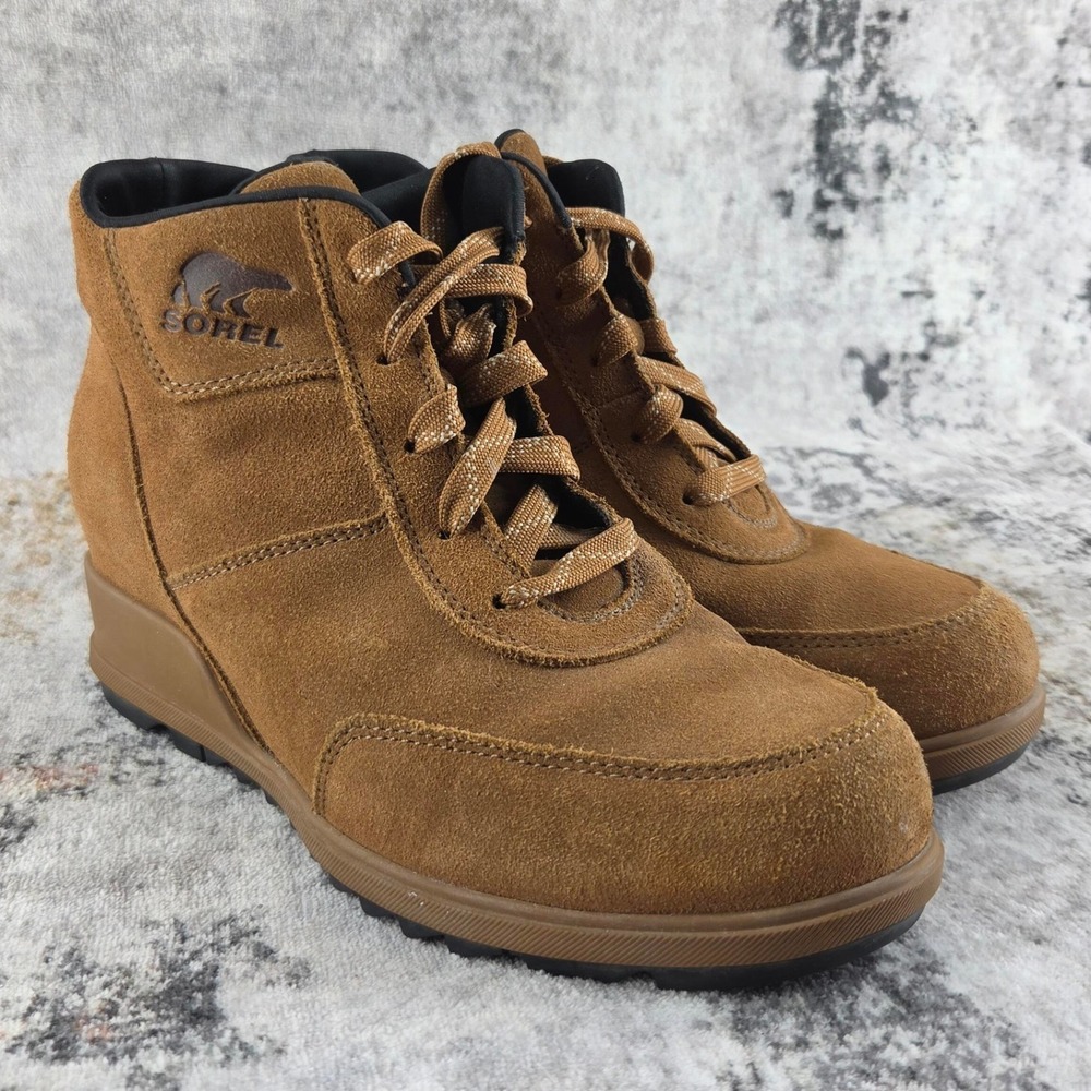 Sorel Evie Sport Lace Wedge Boots Womens 7.5 Tan Suede NL3817-242 Waterproof
